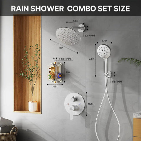 Diagram showing measurements of the 8 Inch Brushed Nickel Shower Faucet Trim Kit With Air Blended Pressure Rain Head And Handheld Sprayer.