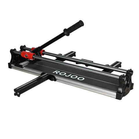 Beefy 24 Inch Manual Tile Cutter Featuring Slick Double Rail Guide System And Wide Aluminum Base Heavy Duty Hand Tool For Cutting Ceramic And Porcelain Floors Fast from an angled view.