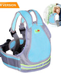 Kid Motorcycle Safety Harness With Reflective Strip And 4 In 1 Buckle For Front Or Back Ride No Fuss Breathable Material Adjustable Straps Night Visibility Secure Fit For Parents Who Want Easy Everyday Motorcycle Rides Blue shown in blue color with reflective strips and adjustable straps.