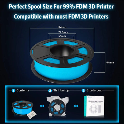 Sick Glow In The Dark PLA Filament For 3D Printing 1kg Spool Blue Hue showing dimensions for FDM printers compatibility.