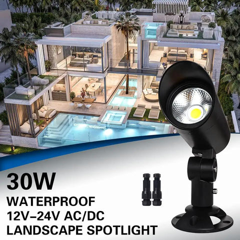 30W LED Landscape Spotlight 12V Low-Voltage Outdoor Lighting, shown against a modern house backdrop, highlighting IP65 waterproof design.