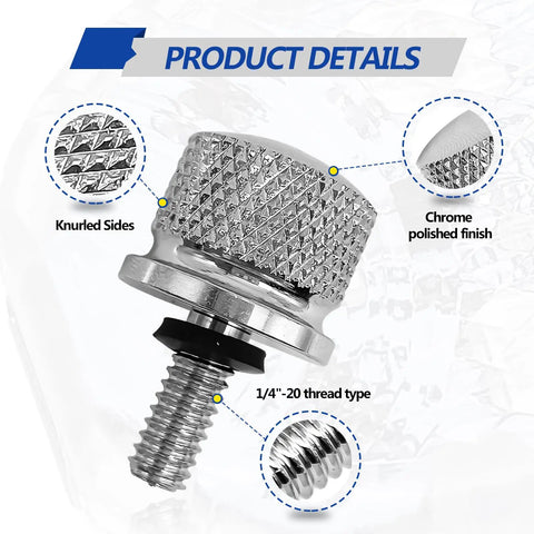 Stainless Motorcycle Seat Bolt Kit With 1/4-20 Threads, chrome polished finish, knurled sides, nylon washer for touring bikes.