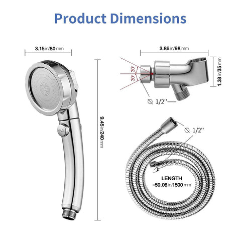 High Pressure Handheld Shower Head With On Off Switch Detachable Hose And 3 Spray Modes Shower Massager Pause Button dimensions