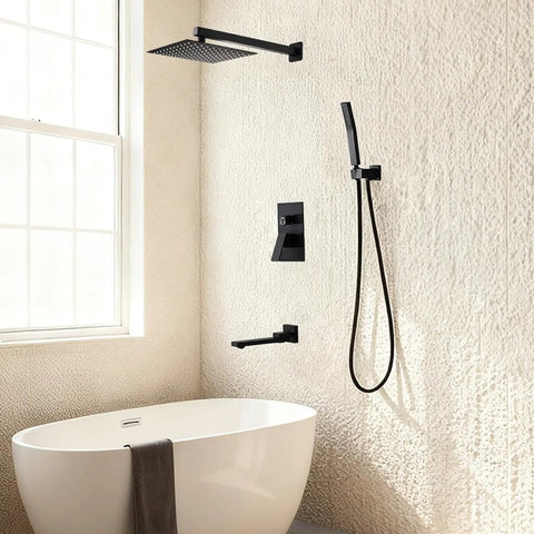 Top Shelf Matte Black Shower Faucet Set With 10 Inch Rainfall Shower Head And Tub Spout, Solid Stainless Steel Bathroom Fixture With Triple Spray Functions, modern bathroom setup.