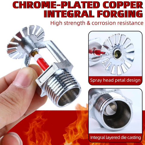 10 Piece Pendent Fire Sprinkler Heads With Slick Chrome Plating And Real Half Inch Npt Threads For Knockout 155 Degree Heat Response And Straight Up Fast Activation In Heavy Duty Builds close-up showing chrome-plated copper construction and spray head design.