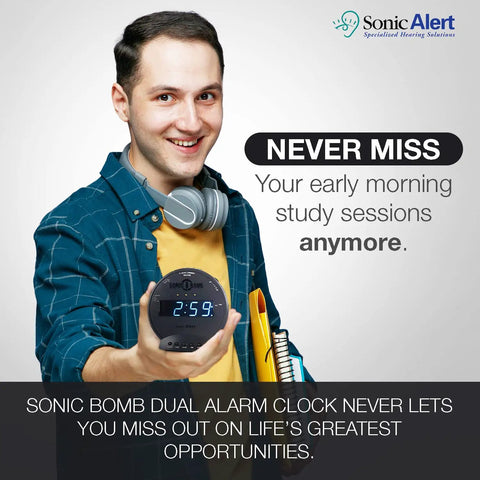 Heavy Duty Alarm Clock For Stubborn Sleepers With Rock Solid Bed Shaker Glaring Red Strobe Lights, shown with a student holding it.