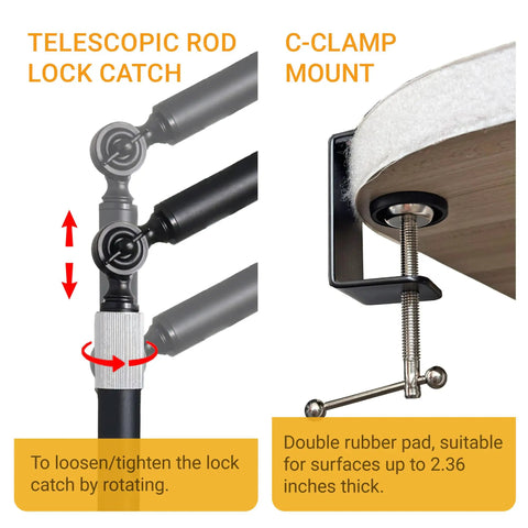 C-Clamp mount and telescopic rod lock catch for Tool Free Clamp On Dust Collection Boom Arm and Vacuum Hose Mount.