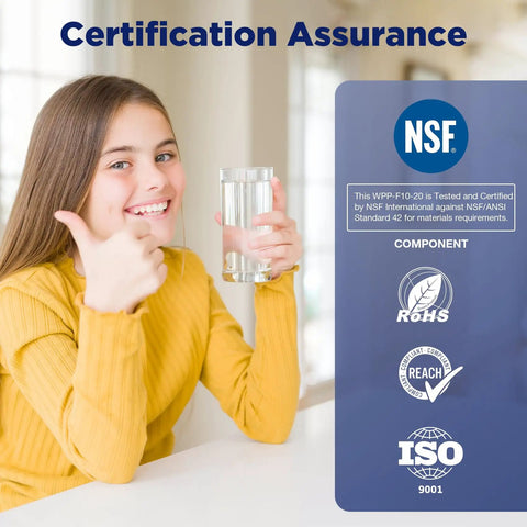 Woman holding glass of water with 20 Micron 10x2.5 Inch String Wound Whole House Water Filter Replacement Cartridge quality certifications