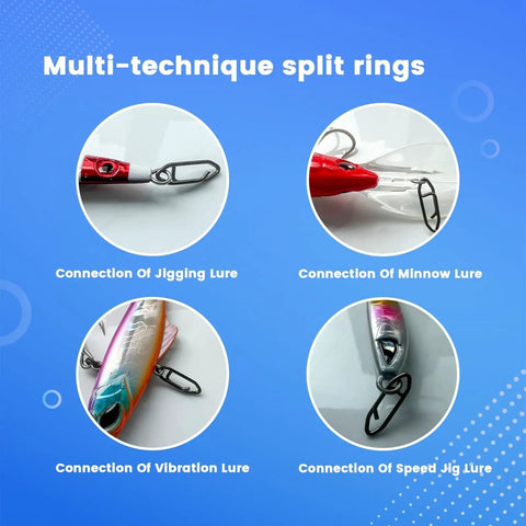 Close-up of 70 Pack Fishing Quick Clips And Swivels Kit showing connections for jigging, minnow, vibration, and speed jig lures.