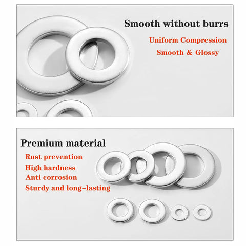 Close-up view of 20 Pieces 304 Stainless Steel Flat Washers for Bolts 18 8 Rust Resistant Hardware Set Durable Washers