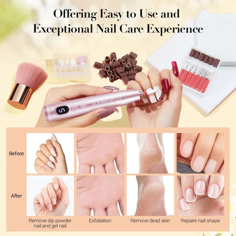 Image showing use of Dip Powder Nail Kit With Portable Electric Drill 24 Color Dip Powder Set for before and after nail care.