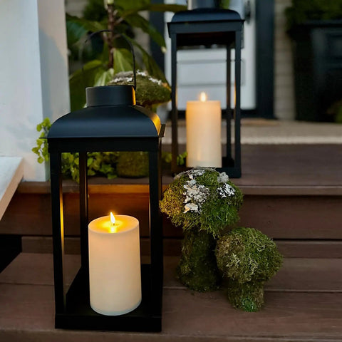 Outdoor Solar Powered Lantern With Flickering LED Candle For Porch Garden And Patio, 15 Inch Tall Black Metal Open Frame No Glass