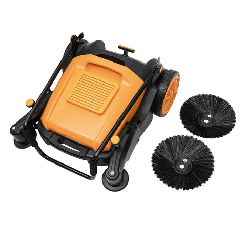Heavy Duty Walk Behind Commercial Sweeper 41 Inches Wide Hand Push Floor Cleaner 14 Gallon Bin shown with removable brushes.