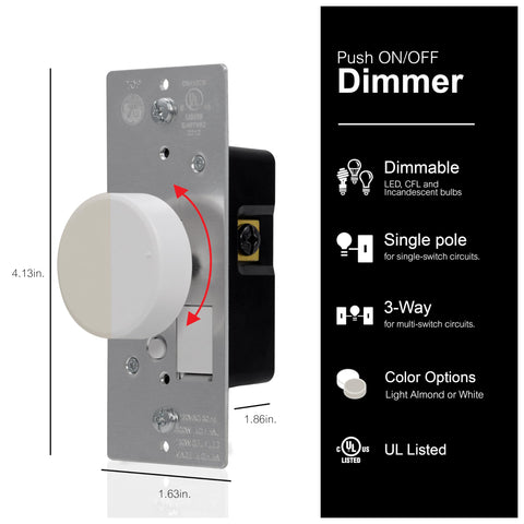 Three Way Rotating Dimmer Switch With Push On Off For Dimmable LED CFL And Incandescent Bulbs UL Listed