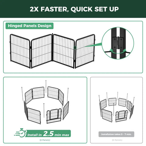 Hassle Free Quick Setup Dog Playpen With Detachable Sun Shade For Road Trips, showing hinged panels for quick setup.