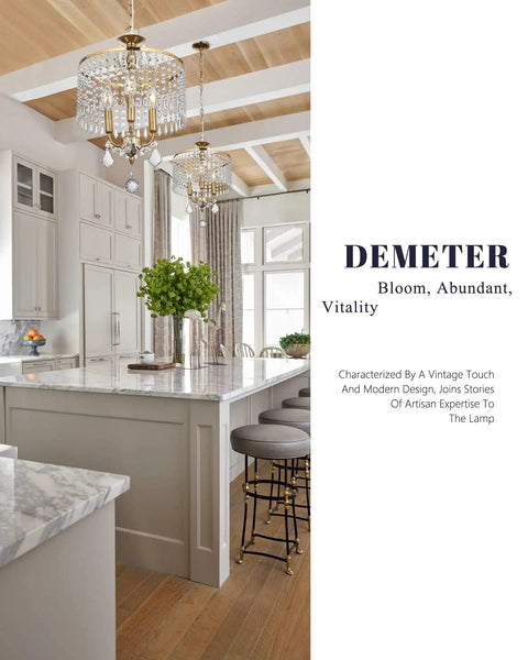 Gold Crystal Pendant Light Showstopper With 13 Inch Hanging String Modern Art Deco Chandelier in kitchen space.