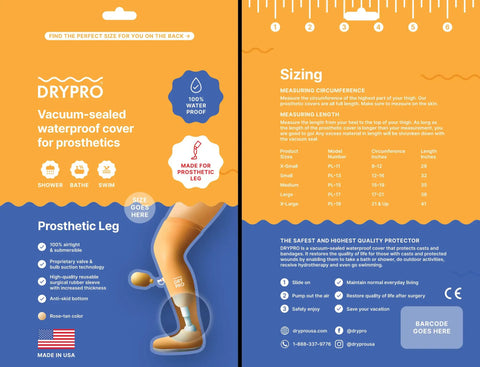 Packaging of Waterproof Prosthetic Leg Cover For Swimming And Shower, showing vacuum-sealed cover details and sizing guide.