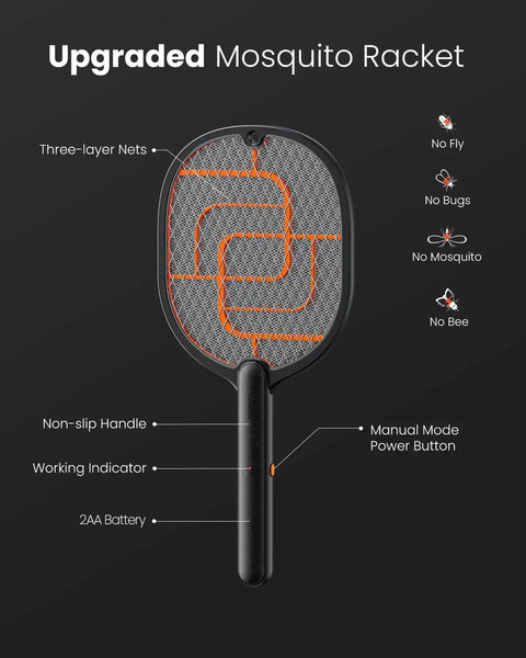 Electric Fly Zapper Racket 3800V Battery Powered Handheld Pest Control With 3 Layer Protection Grid showing features and design