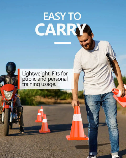 Man setting up 12 Pack 18 Inch Traffic Safety Cones With Reflective Collars, Durable PVC Construction, Orange Cones