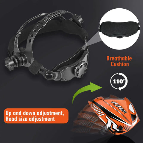 Auto Darkening Welding Helmet With Ultra Large 3.9 By 3.1 Inch True Color View, headgear with breathable cushion and adjustments.