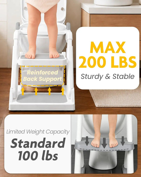 Rock Solid Two In One Toddler Potty Training Seat And Step Stool With Extra Wide Anti Slip Steps Adjustable Height Splash Guard Hassle Free Setup Kid Ready In Light Grey showing child standing on sturdy step stool with reinforced support.