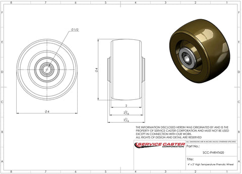 Heavy Duty Four Inch High Temperature Phenolic Wheel With Roller Bearing Half Inch Bore and Eight Hundred Pound Load Capacity for Industrial Carts schematic view