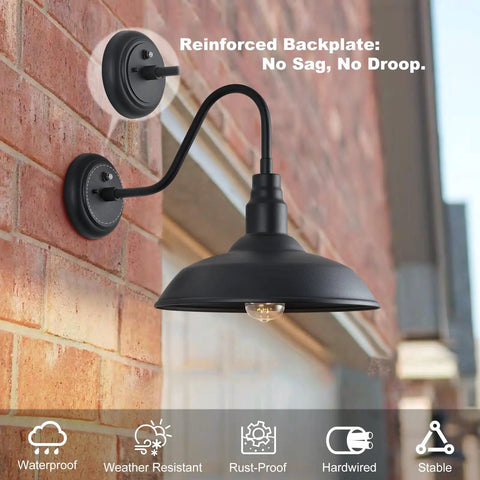 14 Inch Large Dome Gooseneck Barn Light Outdoor With Dusk To Dawn Sensor Matte Black Exterior Wall Sconce mounted on brick