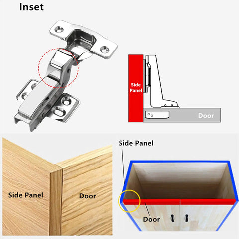 Built Like A Tank Straight Up Smooth Soft Close Cabinet Hinges European Inset Design Heavy Duty Stainless Steel Hardware 110 Degree Cup Mount showing hinge installation with side panel and door.
