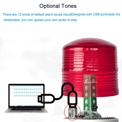 Straight Up Heavy Duty Wireless Alarm Siren With Bright Led Strobe And Loud 120Db Horn, Long Range Remote Control connected to USB for audio upload.