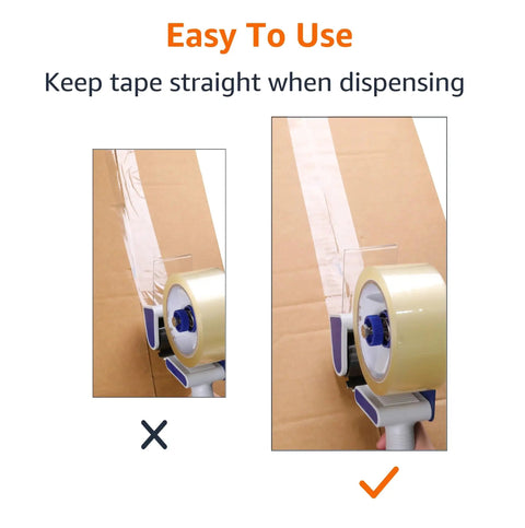 Heavy Duty Packaging Tape Dispenser Gun Featuring Slick Side Load Design And Ergonomic Grip For Quick Box Taping Jobs That Go Smoothly Without The Hassle Or Fumbling showing proper tape dispensing technique.