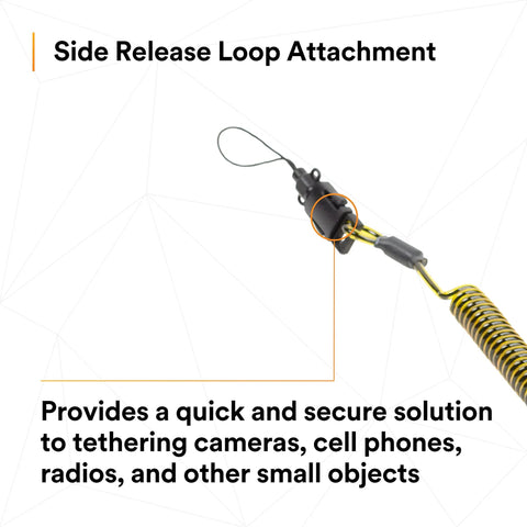 Ultra Compact Clip To Loop Coil Tether with swivel snap D ring and side release loop, showing side release attachment and coil.