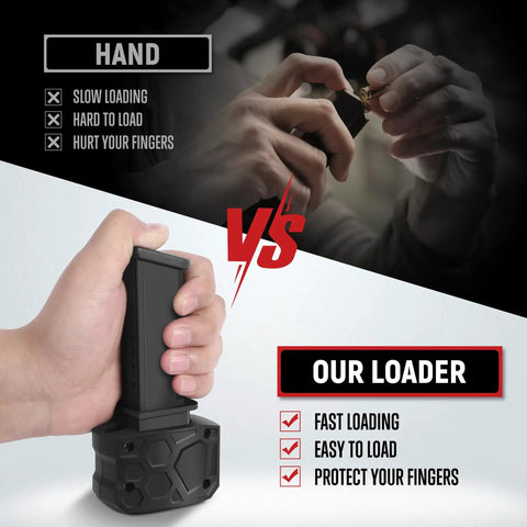 Comparison between hand loading and using 9mm Speed Loader For Quick Magazine Reloads Pain Free Handling