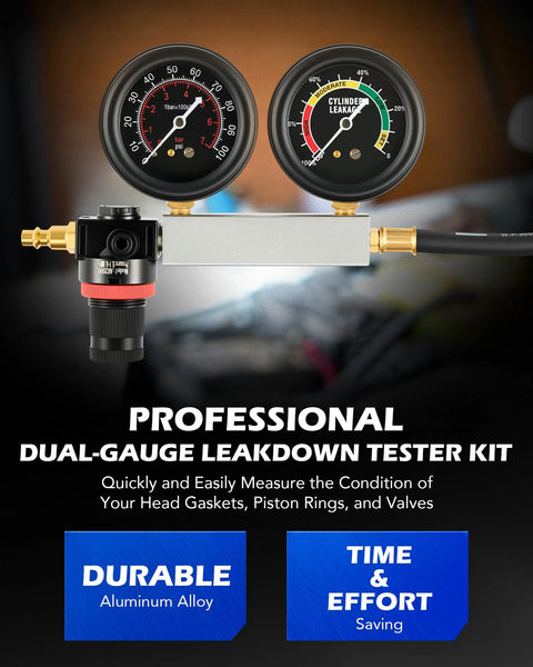 Orion Motor Tech cylinder leak-down tester kit, dual-gauge, front view with hose and spark plug adapters