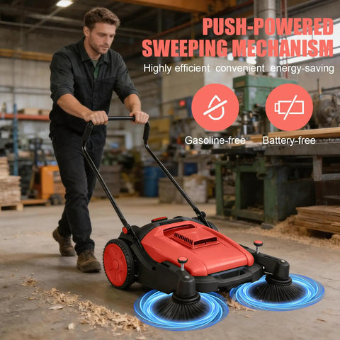 42 Inch Walk Behind Floor Sweeper With 15 Gallon Hopper For Industrial Use being pushed on a workshop floor, ideal for large debris cleanup.