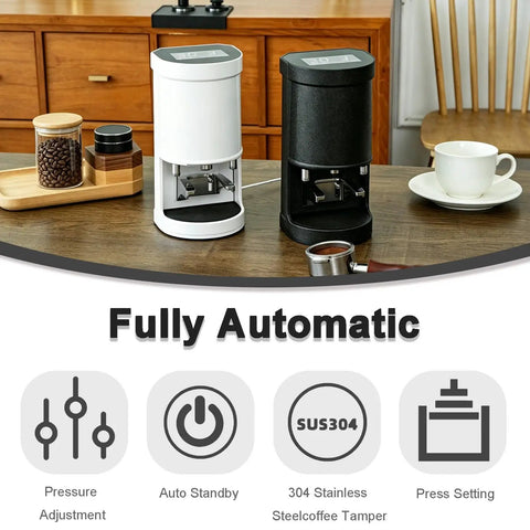 Automatic Coffee Tamper Machine With Constant Pressure And Adjustable Timing For Perfect Espresso Shots in white and black colors on a wooden counter.