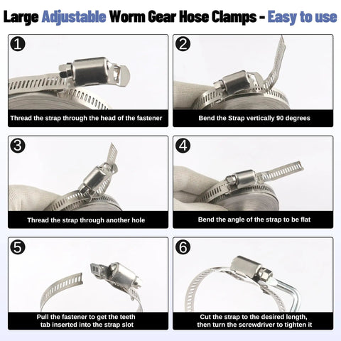 Step-by-step guide for Heavy Duty Hose Clamp Kit With 50 Ft Stainless Steel Band And 24 Fasteners All In One Worm Gear Adjustable Duct Pipe Clamp Set For Plumbing Auto Fuel Line And DIY Projects Includes Wrench And Screwdriver.