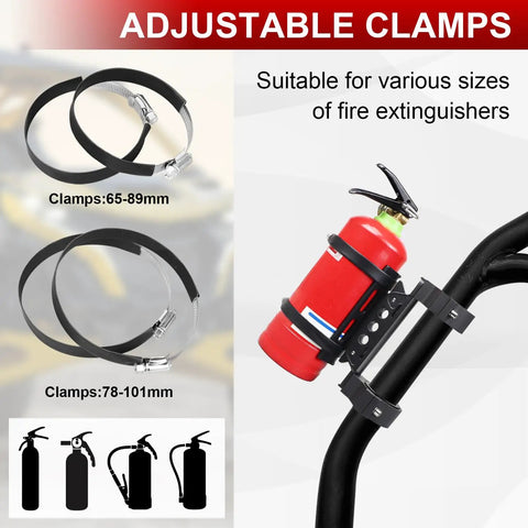 Adjustable clamps for Built Different Quick Swap Roll Bar Fire Extinguisher Mount Bracket Kit for UTV ATV with sizes shown.