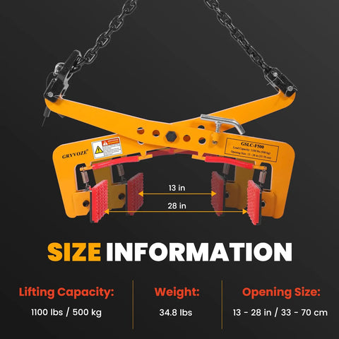 Heavy Duty Granite Slab Lifter 1100 Lb Capacity Rock Solid Adjustable Stone Clamp with size details and lifting specifications.