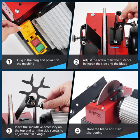 Beast Mode Eight Hundred Watt Lawn Mower Blade Sharpener And Bench Grinder With Nine Inch Ceramic Grinding Wheel shown during setup and operation.