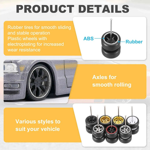 Product details of 1/64 Scale Wheels And Tires Set With Real Riders Rims For RC Diecast Car DIY Projects Includes Axles 5 Spoke Silver And Black Rims Replacement Upgrade Kit For Customizing 1/64 Diecast Models For Hobbyists, featuring rubber tires and ABS plastic wheels.