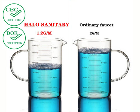 Comparison of water usage: CEC and DOE certified Halo Sanitary faucet at 1.2G/M versus ordinary faucet at 2G/M with blue liquid.