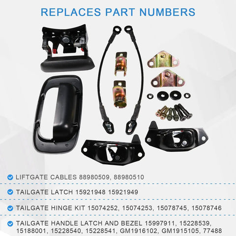 Heavy Duty Tailgate Hardware Rebuild Kit For Chevy Silverado And Gmc Sierra 1500 2500 3500 Classic Trucks parts including latches and cables.