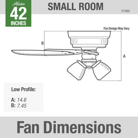 42 Inch Indoor Ceiling Fan With LED Lights, White Finish, Low Profile Flush Mount, Pull Chain Operation, dimension diagram