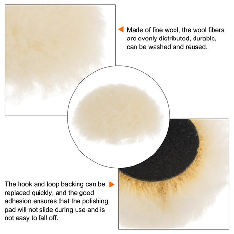 Close-up of a 3 inch wool buffing pad showing fine wool fibers and strong hook loop backing for car detailing.