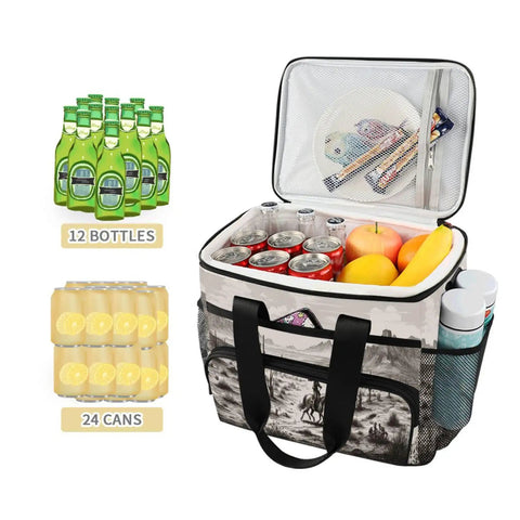 Desert Cowboy Insulated Lunch Bag With Shoulder Strap, 15L, open with snacks and drinks, showcases storage capacity.