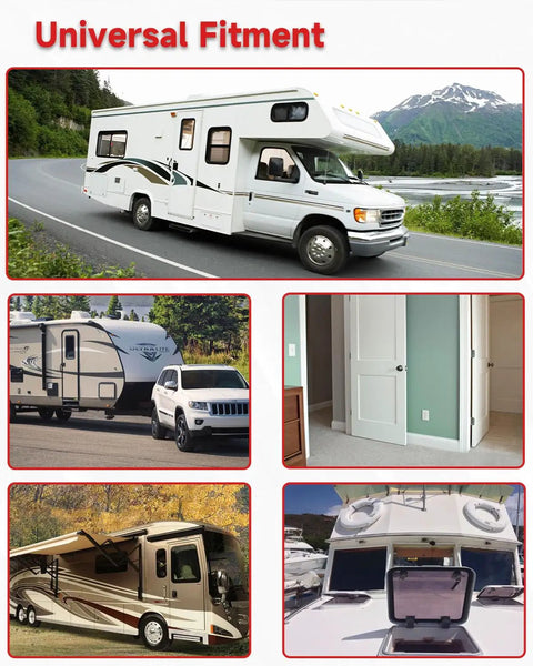 Magnetic RV Door Catch and Holder Kit Keeps Doors Open for Campers, Motorhomes, Travel Trailers and Boat Hatches images collage