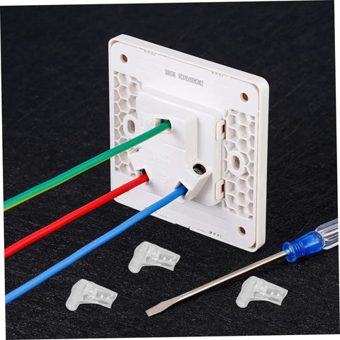 100 Pack Copper Crimping Terminal Connectors Female Wire Terminals For Quick Disconnects Pure Copper Construction For Strong Electrical Connections Durable Crimp Flag Style Design For Easy Disconnection And Maintenance Versatile Claw Design installed on wall socket with wires
