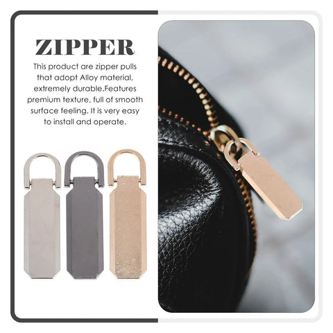 Heavy Duty Zinc Alloy Zipper Pull Tabs Replacement Kit For Backpacks Coats Jackets 12 Piece Set shown in silver, gray, and gold.