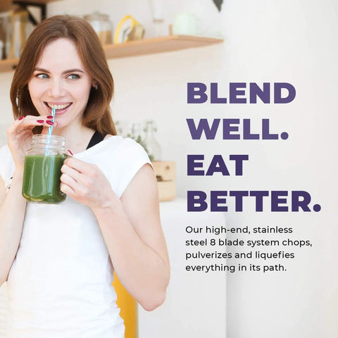 Woman drinking smoothie in kitchen with text 'Blend Well. Eat Better.' promoting Beast Pro Grade Countertop Blender With 3 HP 1800W Motor 64 Oz Jar Stainless Steel Blades Heavy Duty Commercial Kitchen Blender For Ice Crushing Smoothies Sauces And Hot Or Cold Blending 5 Year Warranty
