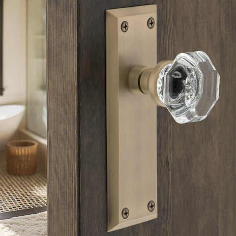 Crystal Door Knob With Long Back Plate Set, New York Waldorf Style Vintage Hardware For Homes installed on wooden door
